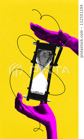 Poster. Contemporary art collage. Hands holds vintage hourglass against yellow background. Vibrant abstract design. 112501284