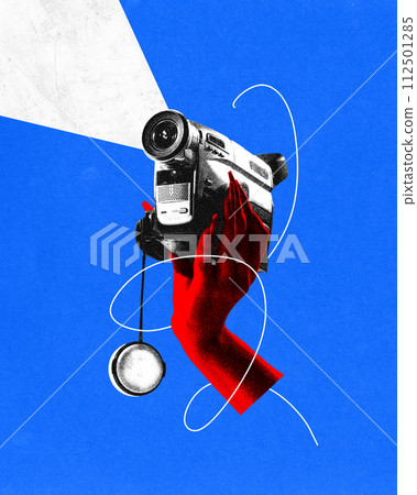 Poster. Contemporary art collage. Hand in red monochrome filter holds vintage video camera against blue background. Vibrant abstract design. Poster. Contemporary art collage. Hand in red monochrome filter holds vintage video camera against blue background. Vibrant abstract design. 112501285