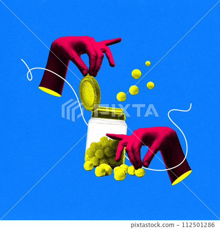 Poster. Contemporary art collage. Hands puts to bank yellow bubble gum against blue background. Vibrant abstract design. Poster. Contemporary art collage. Hands puts to bank yellow bubble gum against blue background. Vibrant abstract design. 112501286