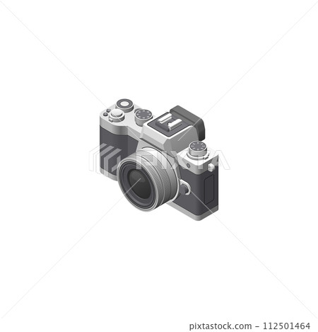 Illustration of a mirrorless single-lens camera drawn using isometric projection 112501464