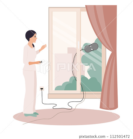 Woman cleaning windows at home with robotic cleaner. Vector illustration Woman cleaning windows at home with robotic cleaner. Vector illustration 112501472
