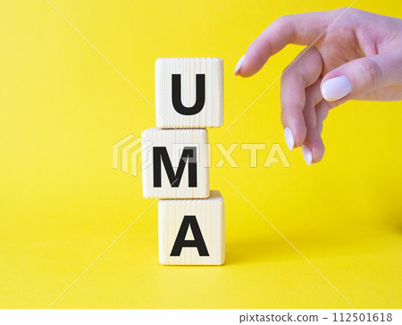 UMA - Unified Managed Account. Wooden cubes with word UMA. Businessman hand. Beautiful yellow background. Business and Unified Managed Account concept. Copy space. UMA - Unified Managed Account. Wooden cubes with word UMA. Businessman hand. Beautiful yellow background. Business and Unified Managed Account concept. Copy space. 112501618