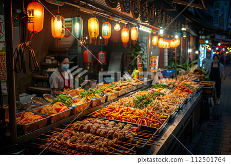 AI-generated content. Asian food stalls brightly lit at night 112501764
