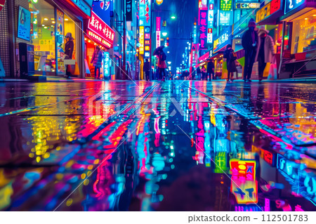 AI-generated content. Colorful reflection of neon lights on city street 112501783