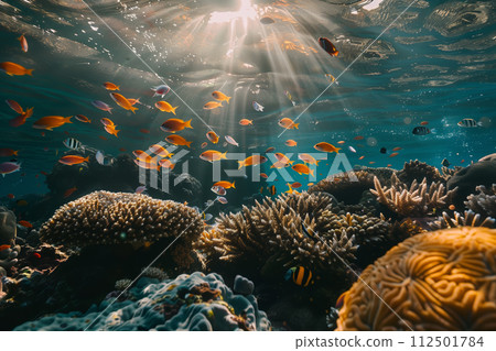 AI-generated content. Sunrays penetrating tropical underwater scape AI-generated content. Sunrays penetrating tropical underwater scape 112501784