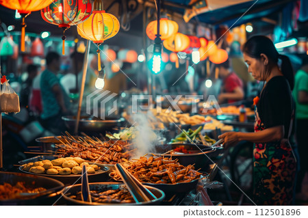 AI-generated content. Night market scene with woman cooking 112501896