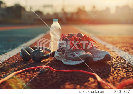 AI-generated content. Running shoes with water bottle and headphones 112501897