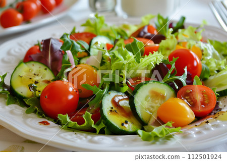 AI-generated content. Healthy mixed salad on white plate and table AI-generated content. Healthy mixed salad on white plate and table 112501924