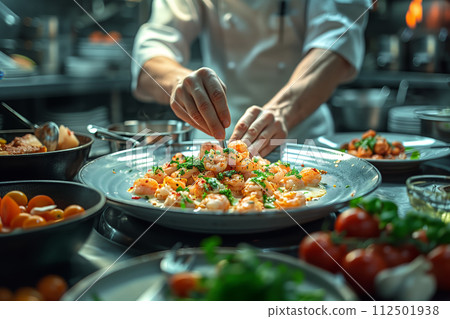 AI-generated content. Chef preparing a dish with fresh shrimp 112501938
