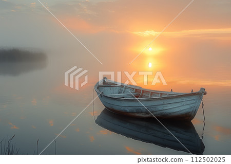 AI-generated content. Sunrise reflection on a serene lake with boat 112502025