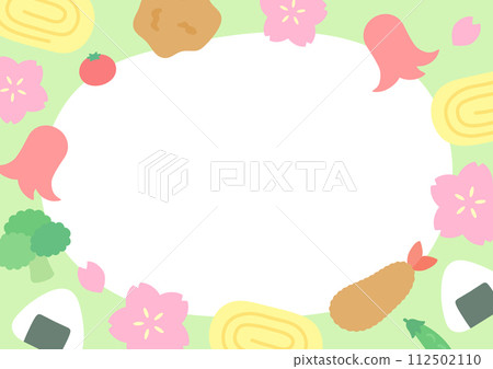 櫻花和便當配菜的可愛春天框架插圖 112502110