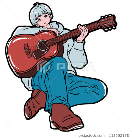 boy sitting with guitar 112502178