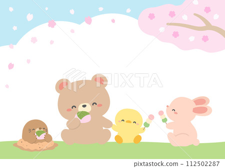 一個框架，上面有一隻可愛的熊和在櫻花樹下欣賞櫻花的動物 112502287