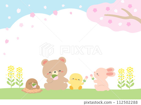 Spring frame of cherry blossom viewing landscape with cute bear and spring flowers blooming 112502288