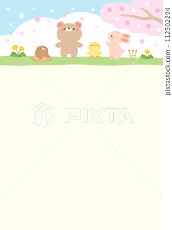 Illustration of cherry blossom viewing with cute bear, rabbit, mole and chick looking at cherry blossoms 112502294