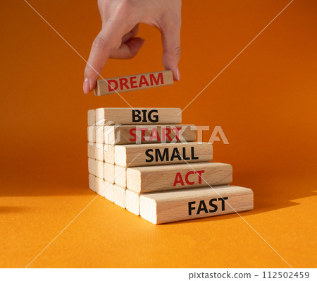 Dream Big Start Small Act Fast symbol. Concept words Dream Big Start Small Act Fast on wooden blocks. Businessman hand. Beautiful orange background. Business concept. Copy space. 112502459