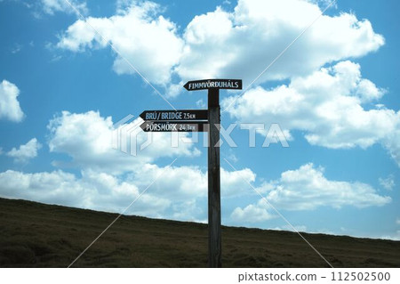 Direction signboard installed on a hiking route in Iceland Direction signboard installed on a hiking route in Iceland 112502500
