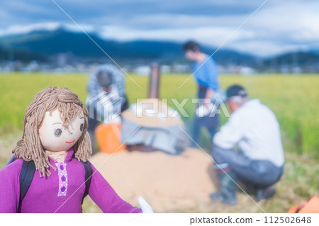 A scarecrow left in a rice paddy after rice harvesting 112502648