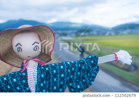 A scarecrow left in a rice paddy after rice harvesting 112502679