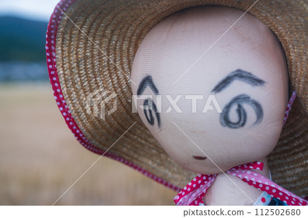 A scarecrow left in a rice paddy after rice harvesting A scarecrow left in a rice paddy after rice harvesting 112502680