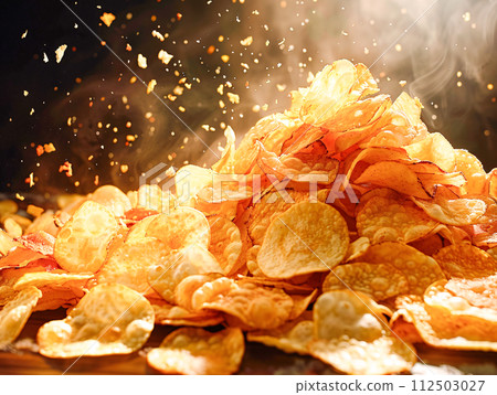 Lots of freshly made potato chips 112503027