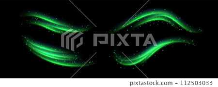 Green speed lines, light in motion, glowing light trails with sparkles. Bright motion effect, luminescent swirls. 112503033