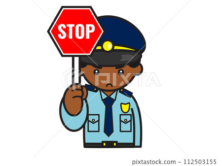 Male black police officer holding a stop sign 112503155