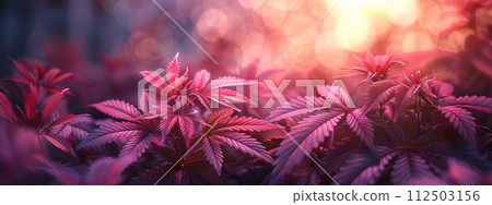 Cannabis plant close up of Marijuana Leaf under neon light Cannabis plant close up of Marijuana Leaf under neon light 112503156