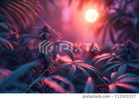 Cannabis plant close up of Marijuana Leaf under neon light 112503157