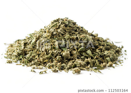 Cannabis plant, pile of Marijuana Leafs on white background 112503164
