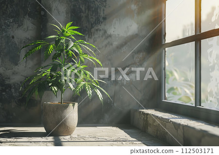 Cannabis plant in a pot, close up of Marijuana Leaf 112503171
