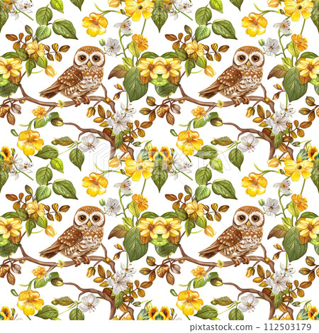 Watercolor owl on the tree branch with flowers, seamless pattern Watercolor owl on the tree branch with flowers, seamless pattern 112503179