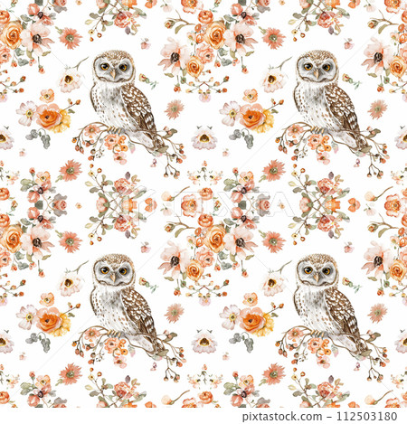 Watercolor owl on the tree branch with flowers, seamless pattern 112503180