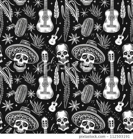 Black and white mexican seamless pattern with skulls Black and white mexican seamless pattern with skulls 112503191