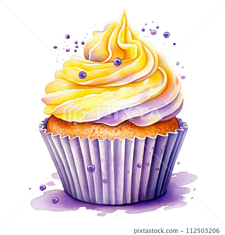 Watercolor muffin on white background, sweet colorful clipart 112503206