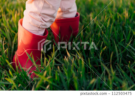 Child legs in boots in the field. Sunset light Child legs in boots in the field. Sunset light 112503475