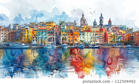Watercolor colorful view of Genova, Italy Watercolor colorful view of Genova, Italy 112504492