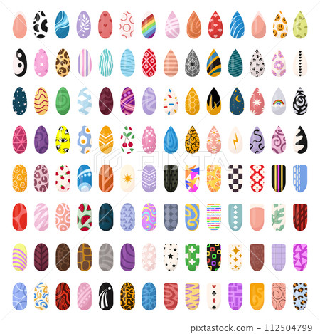 Ideas of nails design art. Bright colorful manicure set. Colorful glossy decorative polish collection with texture and print for finger nail. 112504799