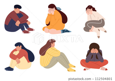Collection of teens in stressful situations or teenager's psychological problems. Stressed unhappy crying teenagers in depression. Upset tired young people. Flat graphic Collection of teens in stressful situations or teenager's psychological problems. Stressed unhappy crying teenagers in depression. Upset tired young people. Flat graphic 112504801