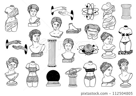 Abstract greek ancient sculpture and surreal geometric shapes. Set of stickers, pins, patches in trendy psychedelic weird cartoon style. Vector illustration EPS10 112504805