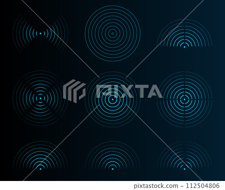 Radar vector icons. Signal concentric circles. Dotted sonar or sound wave rings collection. Digital radar circle network futuristic design. 112504806