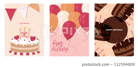 Set of Birthday greeting cards with cake, gift box, balloons. Holliday, party, vacation, happy birthday. Vector templates for card, poster, flyer, banner and other 112504809
