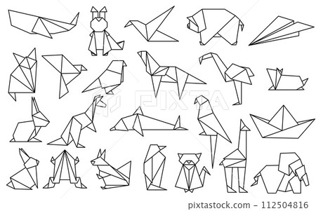 Set of animals white in flat style origami. Japanese origami paper animal shape geometric illustration Set of animals white in flat style origami. Japanese origami paper animal shape geometric illustration 112504816