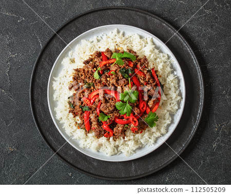 Thai holy basil stir fry with ground beef on plate 112505209