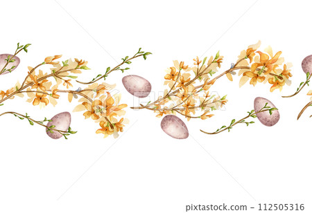 Seamless border of watercolor first yellow spring flowers and Easter eggs isolated on white. Floral Easter board. Blooming forsythia branch hand drawn. Flower sketch for greeting card, package, label 112505316