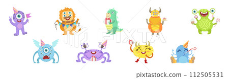 Toy Monster With Birthday Party Object Vector Set 112505531
