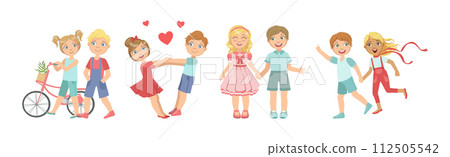 Happy Kid Couple Character in Love Feel Passion Vector Set Happy Kid Couple Character in Love Feel Passion Vector Set 112505542