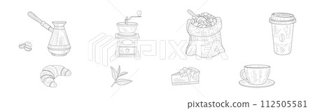 Coffeeshop Linear Object and Item Drawing Vector Set 112505581