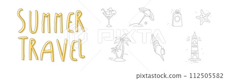 Summer Travel Doodle Linear Object and Item Vector Set 112505582