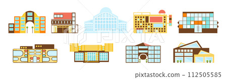 Commercial Building and City Architecture Front View Vector Set 112505585